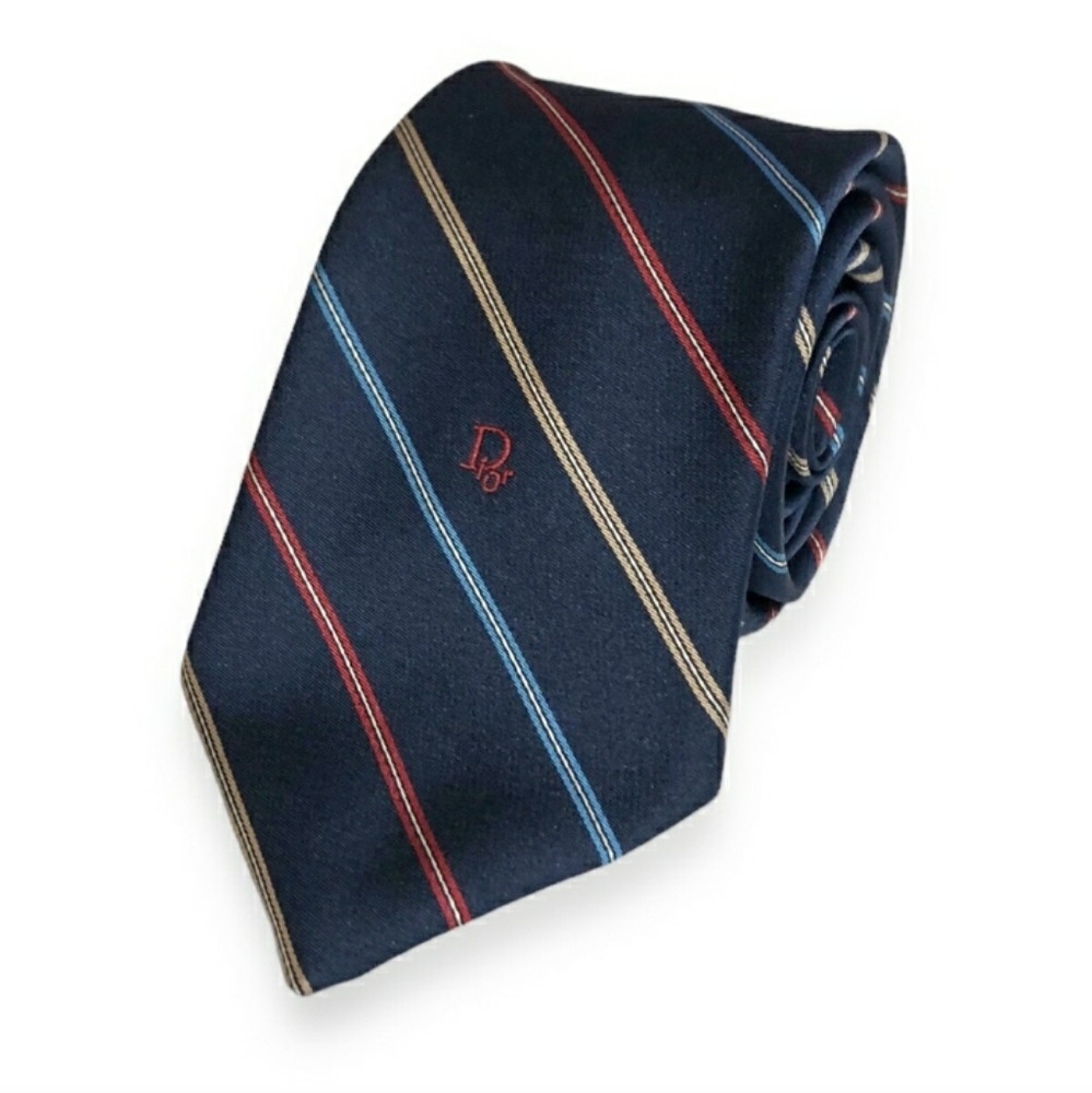 DIOR Navy Multi-Colored Striped Logo Tie VINTAGE